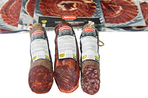 IGLESIAS - Jamón Ibérico Cortado a Cuchillo (6 uds de 70g), Lomo Ibérico 600g, Chorizo Ibérico 500g y Salchichón ibérico 500g. Lote de 2,02kg