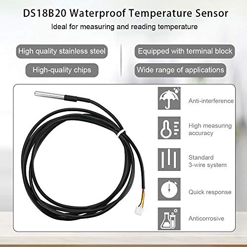 IGRMVIN 2 PCS DS18B20 Sensor de Temperatura Sonda Impermeable Termistor Sonda con Terminal Sensor de Temperatura Sensible para Medir Temperatura del Congelador Almacén Invernadero (2m)