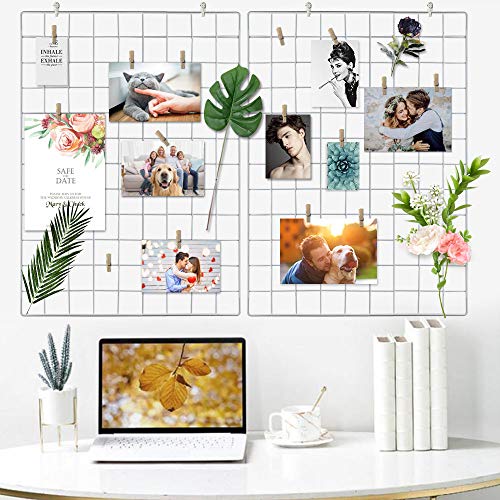 IGRMVIN 2 PCS Rejilla Foto Pared Multifuncional Panel de Rejilla para Fotos con 8 Ganchos y 20 Clips de Madera DIY Hierro Rejilla Cuadrícula Panel para Decoración de Pared 65 * 45cm (Blanco)