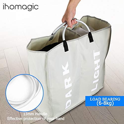 IHOMAGIC Bolsas para la Colada Cesto para Ropa Sucia Plegable Bolsa Colada para Baño con 2 Compartimiento Organizador Lavandería para Cocina Dormitorio Hotel Viaje Capacidad 60L 53x23×53cm, Gris