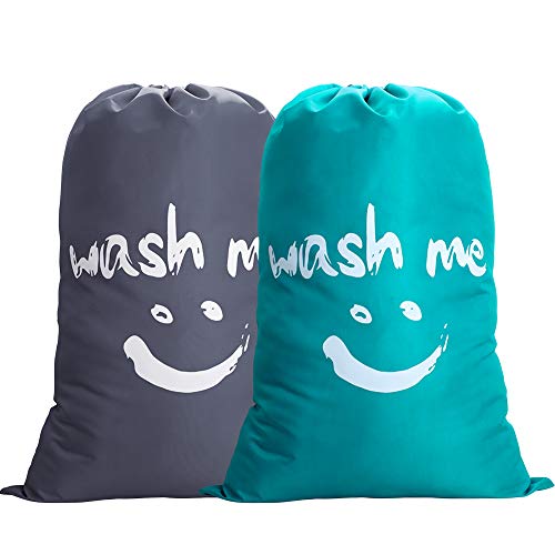 IHOMAGIC Set de 2 Bolsa de Colada con Cuerda Nilón Cesto para Ropa Sucia Plegable para Baño con Organizador Lavandería para Cocina Dormitorio Hotel de Viaje Gran Capacidad 120L Gris + Azul Sonrisa