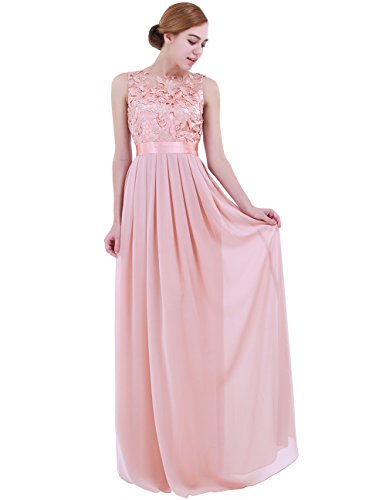 iiniim Mujer Vestido Largo Floreado de Fiesta Boda Vestido Vintage Retro Elegente Dama de Honor de Novia Encaje Traje de Gasa para Mujeres Varias Tallas Rosa Clara 40