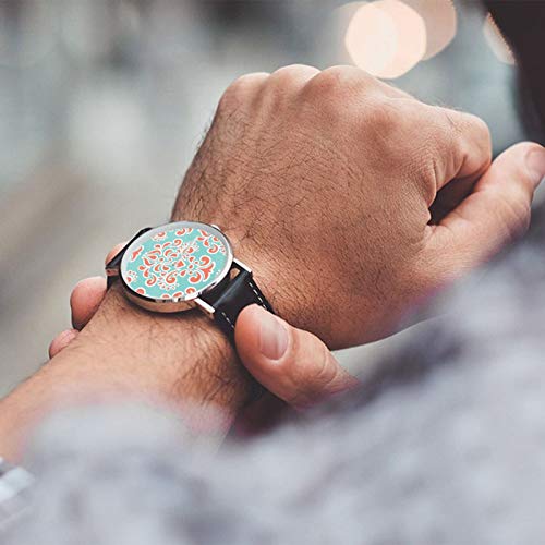 Ikat - Reloj de pulsera de cuarzo con correa de piel sintética resistente al agua y coral con diseño de damasco floral, reloj de cuarzo de acero inoxidable