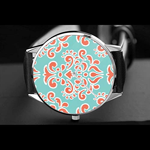 Ikat - Reloj de pulsera de cuarzo con correa de piel sintética resistente al agua y coral con diseño de damasco floral, reloj de cuarzo de acero inoxidable