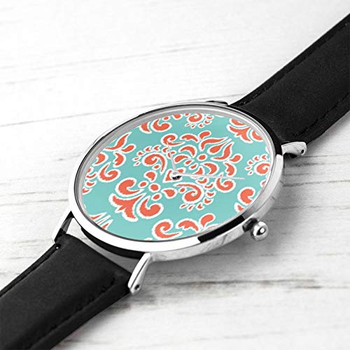 Ikat - Reloj de pulsera de cuarzo con correa de piel sintética resistente al agua y coral con diseño de damasco floral, reloj de cuarzo de acero inoxidable