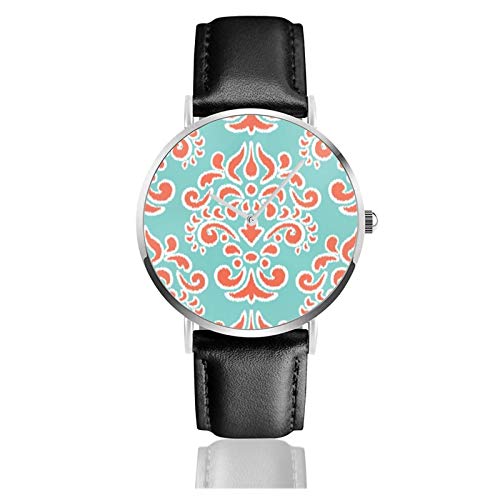 Ikat - Reloj de pulsera de cuarzo con correa de piel sintética resistente al agua y coral con diseño de damasco floral, reloj de cuarzo de acero inoxidable