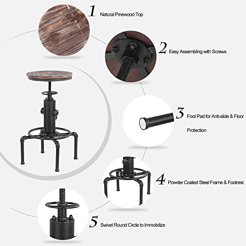 IKAYAA Juego de 2 Taburetes de Bar Elegantes Sillas de Comedor Estilo Industrial Altura Ajustable