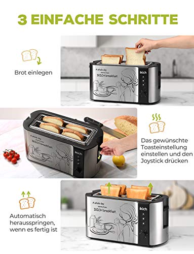 IKICH Holife Tostadora, Tostadoras Pan Ancho y Largo, Tostador 4 rebanadas de 6 Nivel Ajustables, 1500 W, Tostador Automática de Ranura Larga, Acero Inoxidable, Función de Descongelar/Recalentar