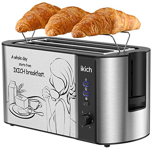 IKICH Holife Tostadora, Tostadoras Pan Ancho y Largo, Tostador 4 rebanadas de 6 Nivel Ajustables, 1500 W, Tostador Automática de Ranura Larga, Acero Inoxidable, Función de Descongelar/Recalentar