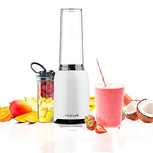 IKOHS Batidora de Vaso MOI - Batidora de Vaso Individual para Smoothies y Batidos, 230 W, Individual, Portátil, Cuchillas de Acero Inoxidable, 230W, Libre de BPA, Diseño Exclusivo, Color Blanco