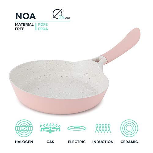 IKOHS Noa - Sartén de Aluminio de 24 cm, Recubrimiento Antiadherente, para Todo Tipos de Cocinas Incluido Inducción, Libres de PDFE y PFOA, Diseño Retro, Asa de Baquelita (Rosa)