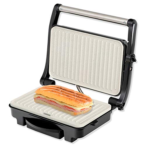 IKOHS Stone Grill 1500 - Sandwichera Grill, 1500 W, Antiadherente Cerámica, Apertura de 105º, Altura Adaptable, Asa No Transmite Calor, Libre de BPA, Indicador de Temperatura, Gris