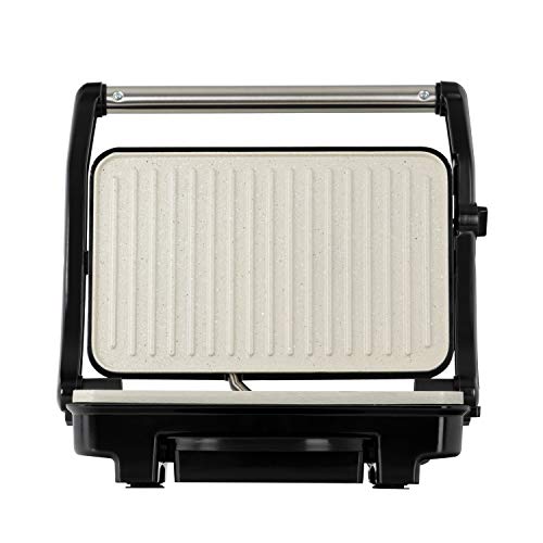 IKOHS Stone Grill 1500 - Sandwichera Grill, 1500 W, Antiadherente Cerámica, Apertura de 105º, Altura Adaptable, Asa No Transmite Calor, Libre de BPA, Indicador de Temperatura, Gris