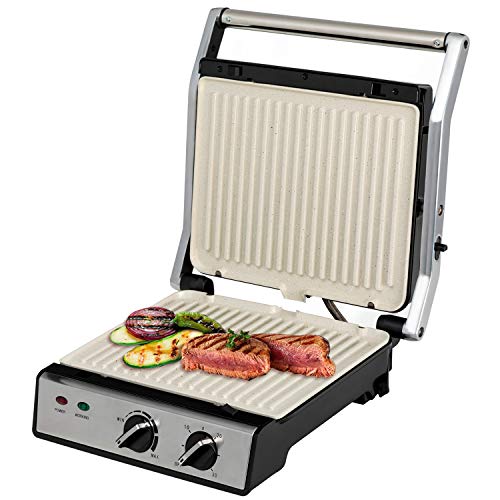 IKOHS Stone Grill Pro - Sandwichera Grill, 2000 W, hasta 4 Tostadas, Revestimiento Antiadherente Cerámica, Apertura de 180º, Altura Adaptable, Asa No Transmite Calor, Libre de BPA, Color Gris