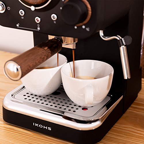 IKOHS THERA Retro - Cafetera Express para Espresso y Cappucino, 1100W, 15 Bares, Vaporizador Orientable, Capacidad 1.25l, Café Molido y Monodosis, con Doble Salida (Negro Mate)