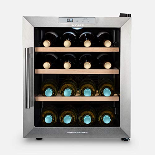 IKOHS VINARIAM WOOD 1600 - Vinoteca de 16 botellas, 46 l, 70 W, Luz LED, Display Digital, 3 Estantes, Doble Aislamiento, Zonas de temperatura de 8-18 grados, Baldas Madera