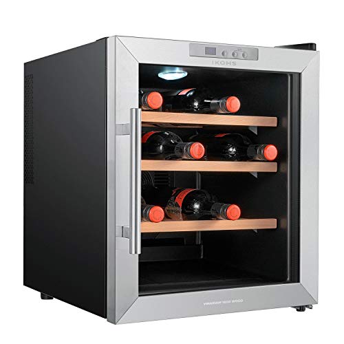 IKOHS VINARIAM WOOD 1600 - Vinoteca de 16 botellas, 46 l, 70 W, Luz LED, Display Digital, 3 Estantes, Doble Aislamiento, Zonas de temperatura de 8-18 grados, Baldas Madera