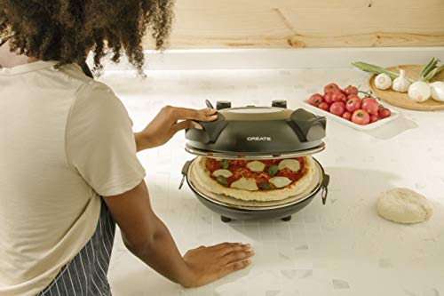 IKOHS Vulcano Pizza Maker - Horno Eléctrico Pizzas, Base de Piedra Especial para cocinar Pizza, 31 CM Diámetro, 1200 W, Temperatura hasta 350°, Niveles Potencia 5, Temporizador, Autoapagado (Negro)