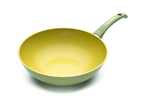 ILLA OL9728 Wok antiadherente al aceite de oliva 100% Made in Italy, Aluminio, Verde, 28 cm