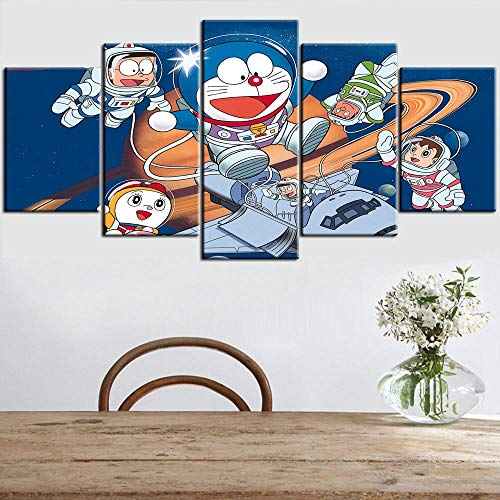 Impresiones sobre Lienzo 5 Piezas,Doraemon Lunar Adventure Anime Creativo Cartel Sala De Estar HD Modular Arte De La Pared Moderno Decoración del Hogar Tamaño C Sin Marco