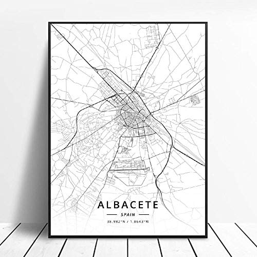 Impresiones Sobre Lienzo Albacete España Ciudad En Blanco Y Negro Póster De Lienzo Artístico Moderno Y Simple Arte Retro Latitud Longitud Imagen Decoración Del Hogar Póster De Impresión Hd,Para