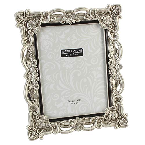 Impressions - Antique Silver Floral Resin Photo Frame With Crystals - 15cm X 20cm