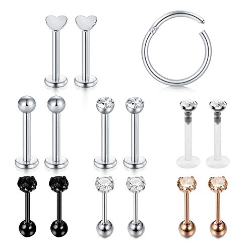 Incaton 1.2mm Piercing Labio Labret Pendientes de Cartílago Acero INOX Stud Pendientes Helix Tragus Barbell Piercing Joyería 15 Piezas