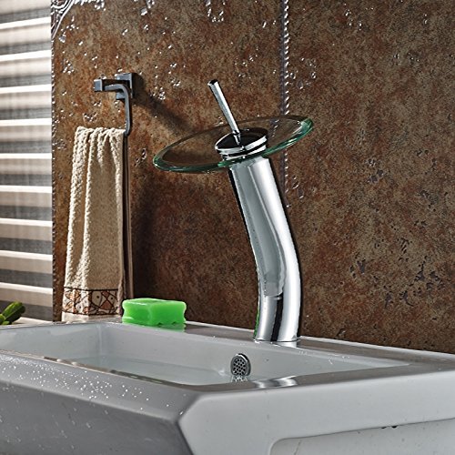 Inchant Cascada Contemporáneo Contemporáneo Caño de Cristal Lavabo Fregadero Mezclador Grifo Cromo Pulido Comercial Baño Alto Fregadero de la Vasija Grifo de Debajo del mostrador