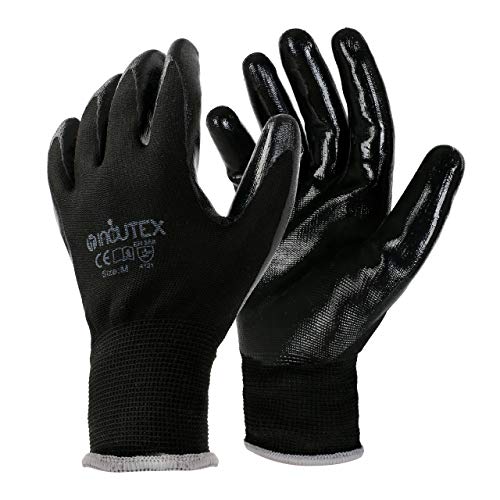 Incutex 12 pares guantes de trabajo guantes de montaje guantes mecánico guantes de construcción con revestimiento en nitrilo, talla 8 M