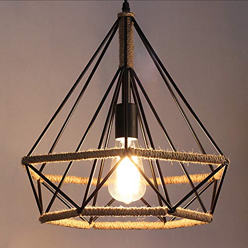 Industrial Vintage cáñamo cuerda colgante Lámpara retro diamante forma colgante luz, AC220V E27 socket, techo suspensión luces negro metal comedor dormitorio estudio habitación, 25 * 26CM (1 pieza)