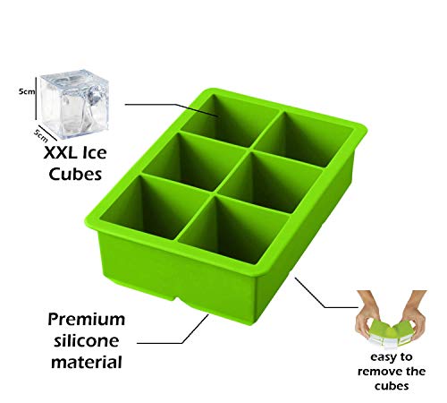 iNeibo cubitera para hielo bandeja para hielo grandes molde de cúbitos silicona de grado alimenticio con 6 cúbitos para enfriar bebida whisky champaña XXL verde