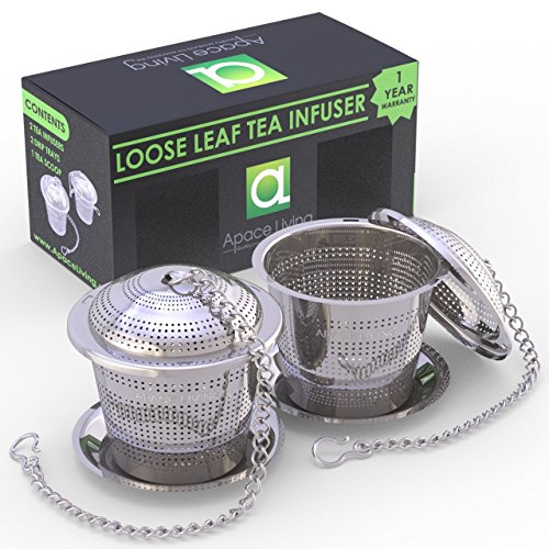 Infusor de Té suelto (Juego de 2) de Apace - con Cuchara de Té y Bandeja de Goteo – Bola infusora, Colador y Filtro de Acero inoxidable ultra fino para una Experiencia de Té o Infusión superior (Plata, Medio)