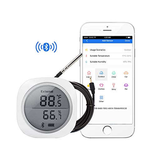 Inkbird IBS-TH1 Plus Bluetooth Registrador de Temperatura y Humedad Data Logger Termometro Digital con Sonda Externa y LCD Pantalla, Eléctrica de 2* Batería para Caja de Cigarro, Reptile Terrario