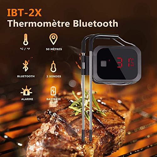 Inkbird IBT-2X 4.0 Termometro Barbacoa Digitales Termómetros de Cocina Bluetooth Termometro con Inoxidable Sonda Temporizador Portatil con Pantalla LED de Alarma Barbacoas Horno Parilla