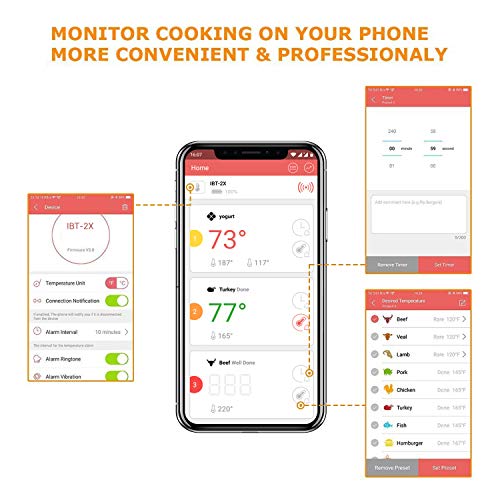 Inkbird IBT-2X 4.0 Termometro Barbacoa Digitales Termómetros de Cocina Bluetooth Termometro con Inoxidable Sonda Temporizador Portatil con Pantalla LED de Alarma Barbacoas Horno Parilla