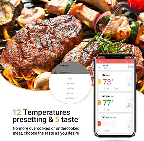 Inkbird IBT-2X 4.0 Termometro Barbacoa Digitales Termómetros de Cocina Bluetooth Termometro con Inoxidable Sonda Temporizador Portatil con Pantalla LED de Alarma Barbacoas Horno Parilla