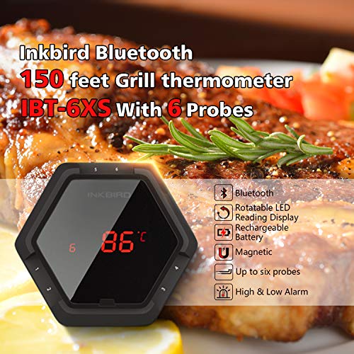 Inkbird IBT-6XS Bluetooth Barbacoa Termómetro de Horno, Ahumadores Grill Termómetro Eléctrico + Acero Inoxidable Sonda para iPhone Android Smartphone