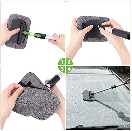 Inntek 2pcs Limpiador de Parabrisas, Limpieza de Cristales de Coche, Limpiador de Ventana de Coche, Paño de Parabrisas Giratorio 180° Mango 27-45CM Desmontable con 2 Paños 1 Cepillo de Ventilación