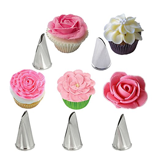 Inovey 5 Piezas Set Rose Petal Glaseado Tubería Boquillas Metal Crema Consejos Bolo Decoración Herramientas Pastelería Pastelera Herramienta