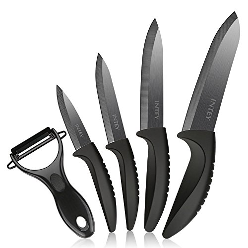 INTEY Cuchillo de Cerámica, Cuchillos Cocina, Set Cuchillos, Juego Cuchillos de Cerámica con 5 Piezas y Chaqueta Protectora, Ideal para hogar, profesional cocinero, etc.