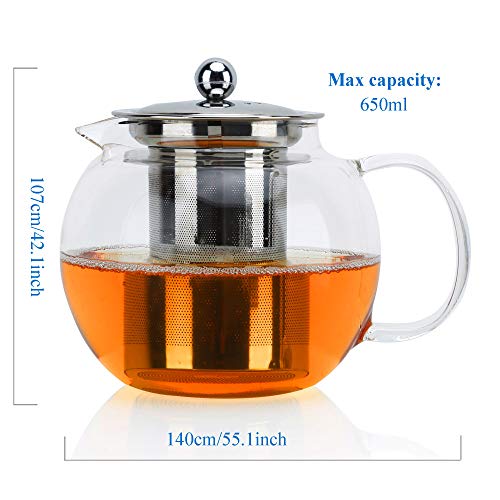 Intirilife Tetera con Filtro 650 ml en Claro - Jarra de Vidrio de Resistente borosilicato con tamiz Infusor al Calor para Bebidas frías y Calientes - Café, té Helado, Agua, etc.