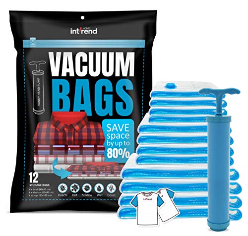 int!rend 33 XXL Vacuum Bag Set - 12 Bolsas de almacenaje al vacío Reutilizables | 3 tamaños Diferentes Incluyendo 20 blocs de Notas y Bomba de Mano | Estiba de Ropa de Cama, Almohadas, Fundas de Cama