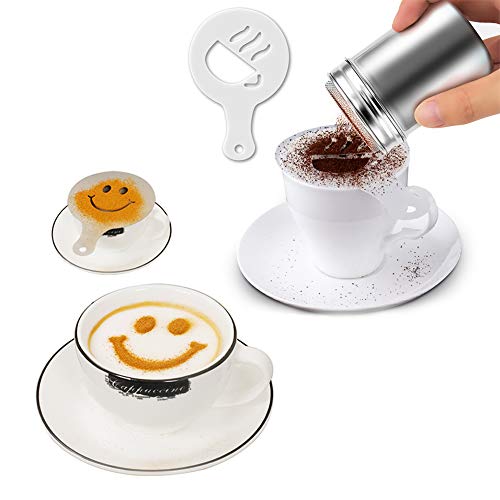 INTVN 2 PCS Tamiz Café con 32 Piezas Plantillas de Café,Coctelera de Chocolate en Polvo de Acero Inoxidable,Agitadores de Polvo con Tapa,Ideal para Decorar y Dibujar en tu Postre y Café