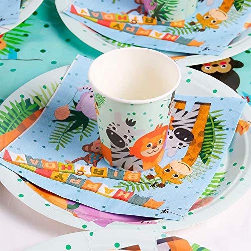 INTVN 62pcs 10 Invitados Vajilla de Papel Diseño Animal Jungla Mono, león, Cebra, Jirafa Vajilla de Hawaianos Platos Vasos para Tema Forestal Baby Shower Fiesta de cumpleaños Infantil