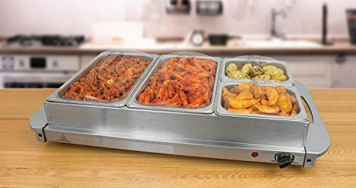 Invero® - Buffet de acero inoxidable grande de 4 secciones y bandeja de calentamiento con control de temperatura ajustable, tapas transparentes y asas plateadas – 300 W