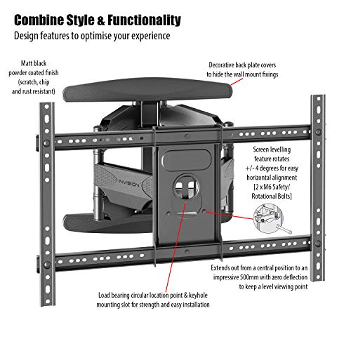 Invision Soporte de Pared para TV Ultra Fuerte – para Pantallas Curvo Plasma LCD LED 94-178cm (37-70 Pulgadas) Doble Brazo Giratorio Inclinable – con Cable HDMI 1080p y Nivel de Burbuja (HDTV-DXL)