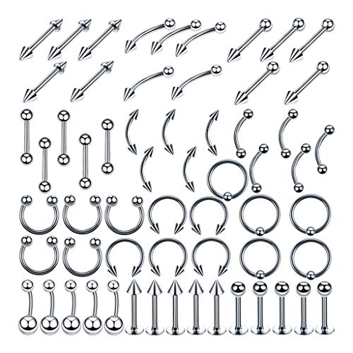 IPOTCH 60 Piezas Piercing de Cuerpo Formas Variadas Acero Inoxidable para Labios, Lengua, Ombligo, Cejas y Nariz - 10mm