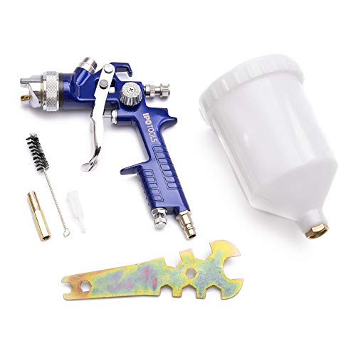 IPOTOOLS Pistola Pintura HVLP H-827P - Sistema Profesional de Pintura con Vaso de plástico de 600 ml y Boquilla de Acero Inoxidable 1,3mm + 2X Juego de boquillas de 1,7mm y 2,0mm