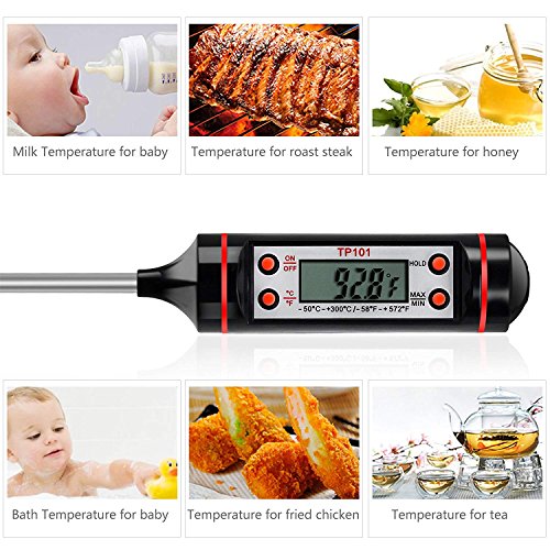 IPOW LCD Termómetro Digital para Cocina Cocción con Sonda Inoxidable Medidor de Temperatura para Alimentación, Comida Bebé, Carne, BBQ, Leche, Líquido, Caramelo (Negro)