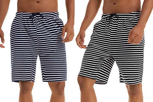 Irevial 2 Piezas Pantalones Cortos de Pijama Hombre Fresco Verano,Algodon Raya Elástico Ajustable Cintura Cómodo Pantalón de Dormir con Bolsillo, para Dormitorio, Vacaciones, Deporte, Salir